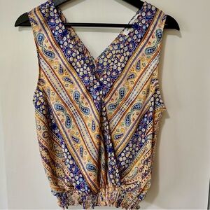Rose & Olive| Vibrant Paisley Satin V-Neck Sleeveless Gathered Blouse Sz M
